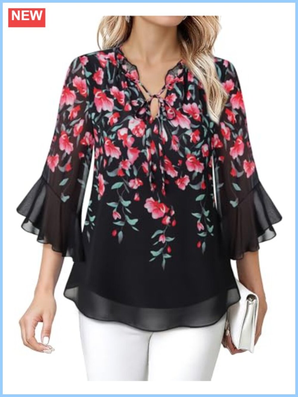Chiffon Ruffle Neck Blouse 3/4 Sleeve Dressy Work Top